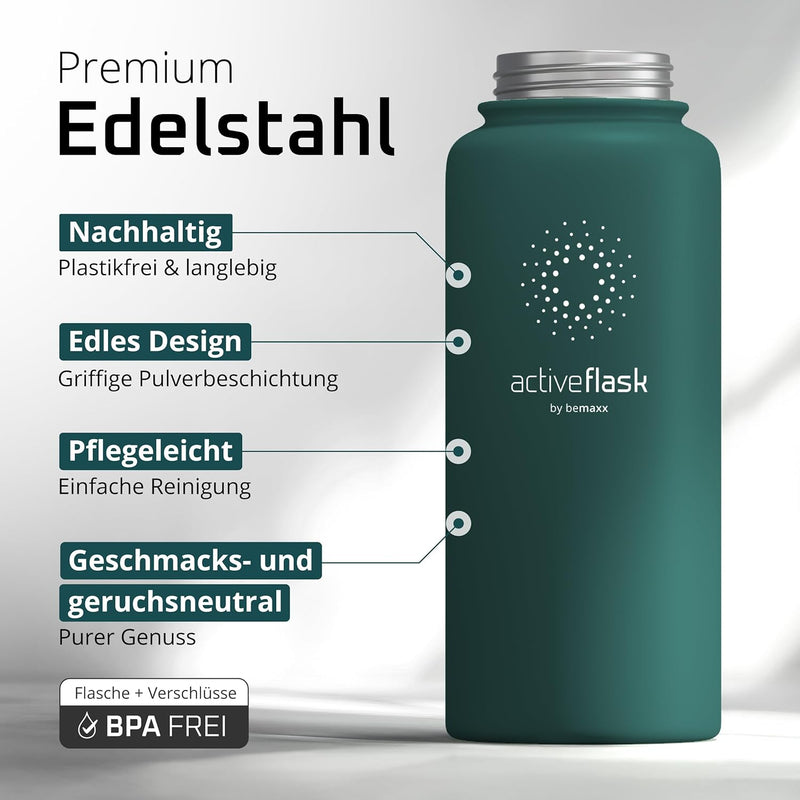 Trinkflasche Edelstahl ACTIVE FLASK + Strohhalm (3 Deckel) BPA-frei, Auslaufsicher, Kohlensäure geei