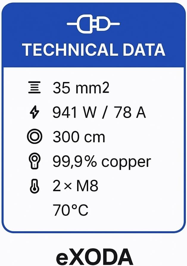 eXODA Batteriekabel Set 35 mm² 300cm mit Kabelschuhen M8 Rot und Schwarz 35 mm² 300cm M8 Rot Schwarz