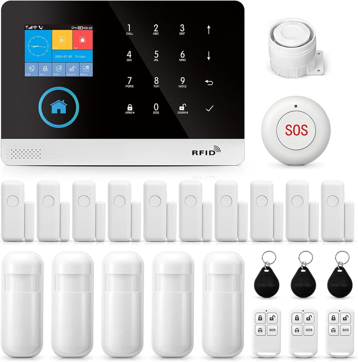 Home Security Alarmanlage WIFI+GSM Alarmanlage DIY Alarm Kit mit PIR-Detektor, Fernbedienungen, Tür-