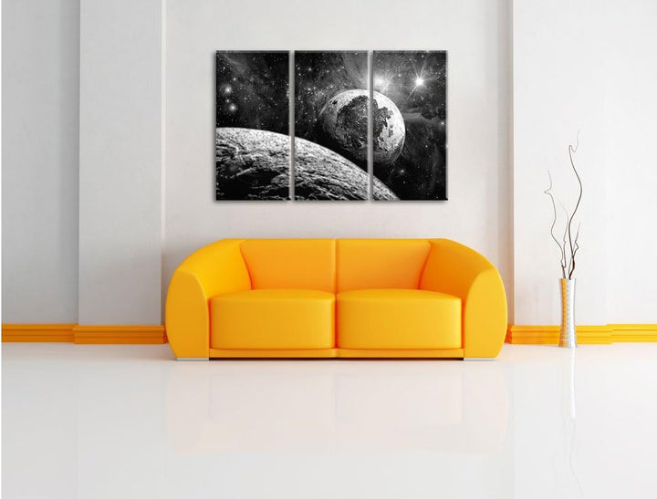 Pixxprint Alien Planeten im Weltall / 3-Teilig/Gesamtmass 120cm Leinwandbild bespannt auf Holzrahmen