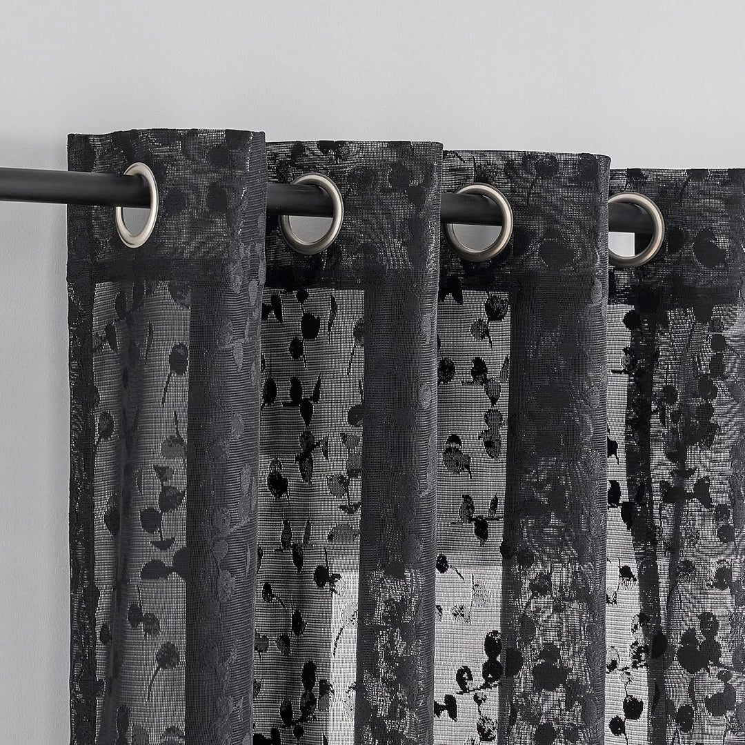 Treatmentex Schwarze Halbtransparente Spitze Vorhang Moderne Stickerei Gardinen mit Ösen Häkeln Stri