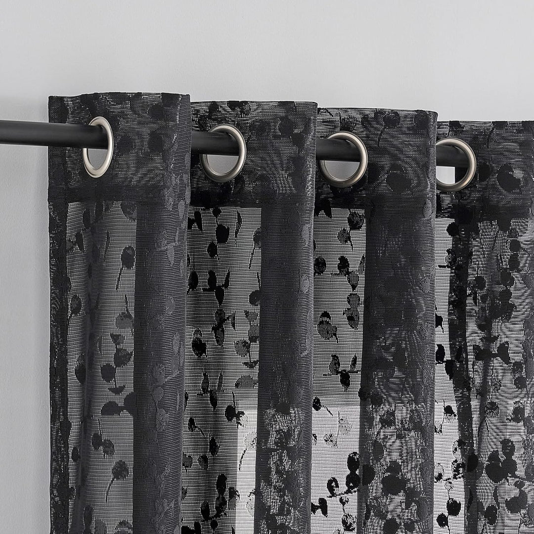 Treatmentex Schwarze Halbtransparente Spitze Vorhang Moderne Stickerei Gardinen mit Ösen Häkeln Stri