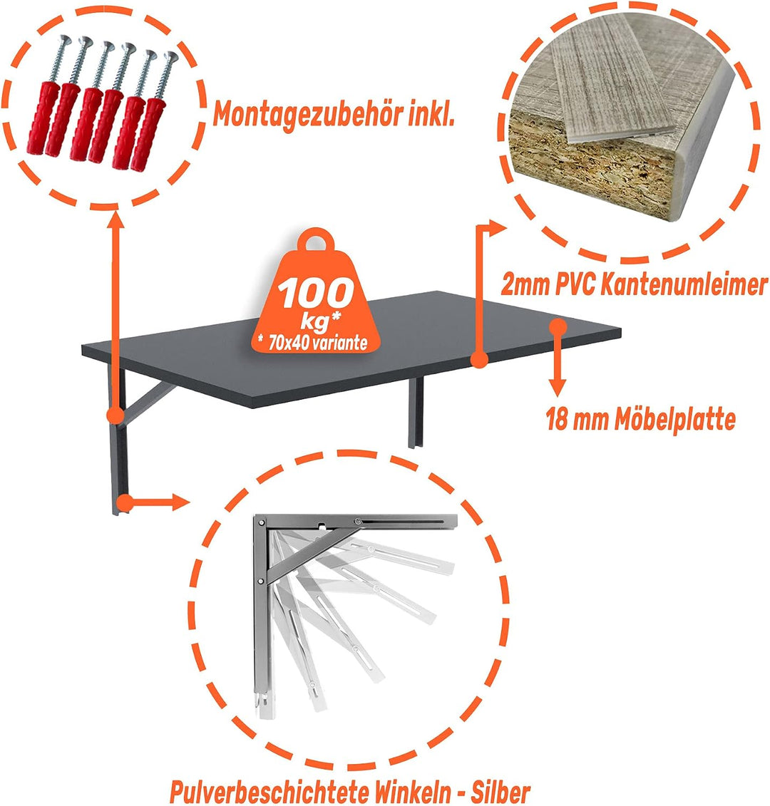 mikon 100x55 | Wandklapptisch Klapptisch Wandtisch Küchentisch Schreibtisch Kindertisch | ANTHRAZIT