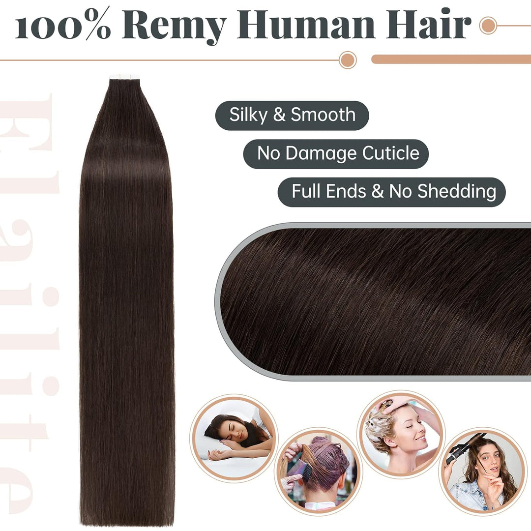 Elailite Echthaar Extensions Tape in #2 Dunkelbraun 20 stück Invisible Kleber Haarverlängerung Klebe
