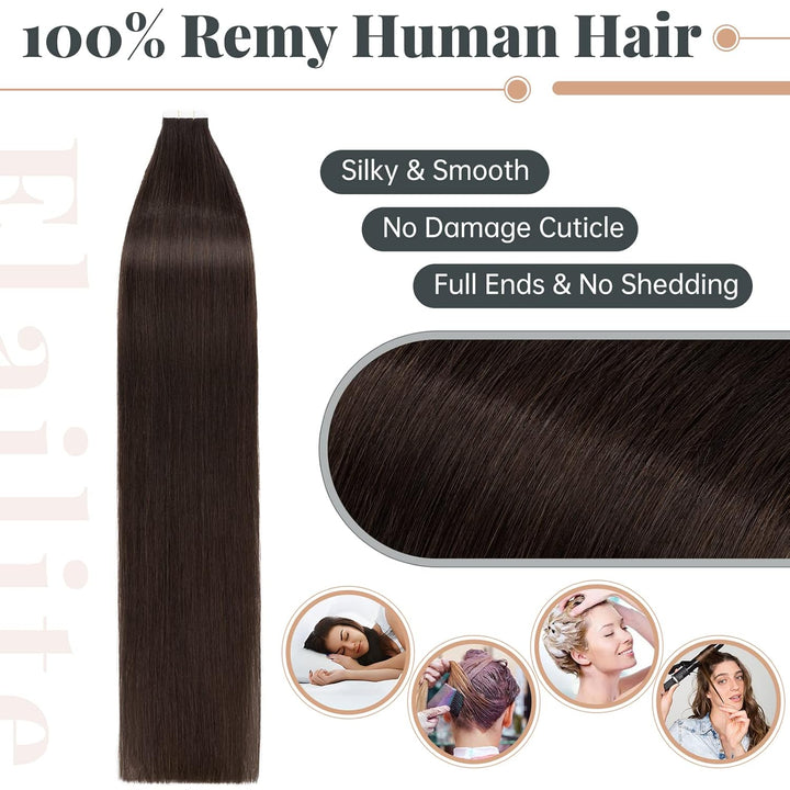 Elailite Echthaar Extensions Tape in #2 Dunkelbraun 20 stück Invisible Kleber Haarverlängerung Klebe