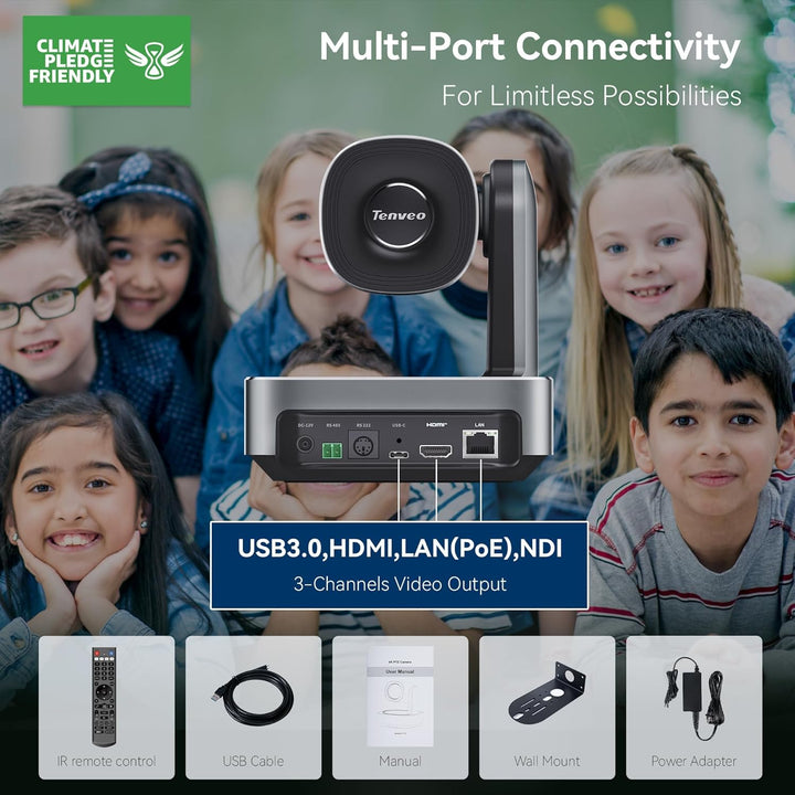 Tenveo 4K NDI PTZ-Kamera, AI Humanoid & Face Auto-Tracking, 20X Optical+8X Digital Zoom, USB3.0/HDMI