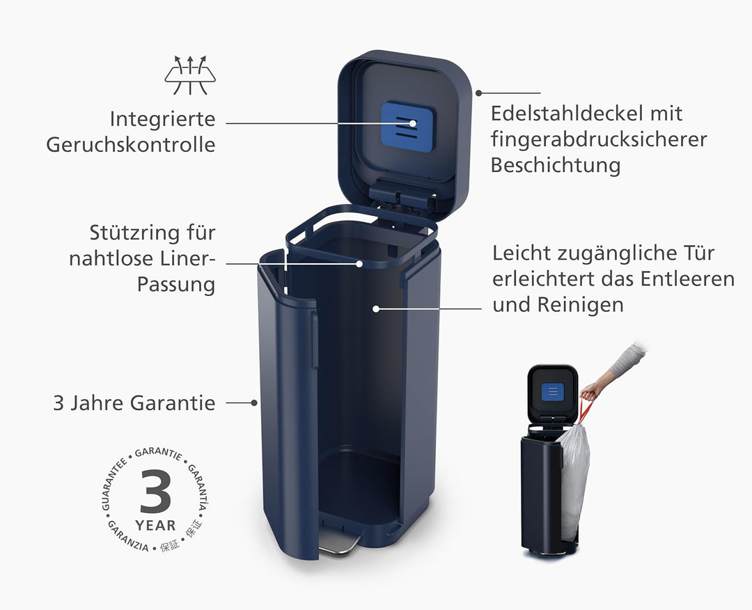 Joseph Joseph Porta - 40L Leicht zu entleerender Treteimer mit leicht zugänglicher Tür, fingerabdruc