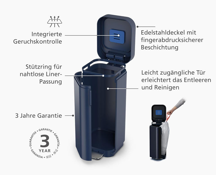 Joseph Joseph Porta - 40L Leicht zu entleerender Treteimer mit leicht zugänglicher Tür, fingerabdruc