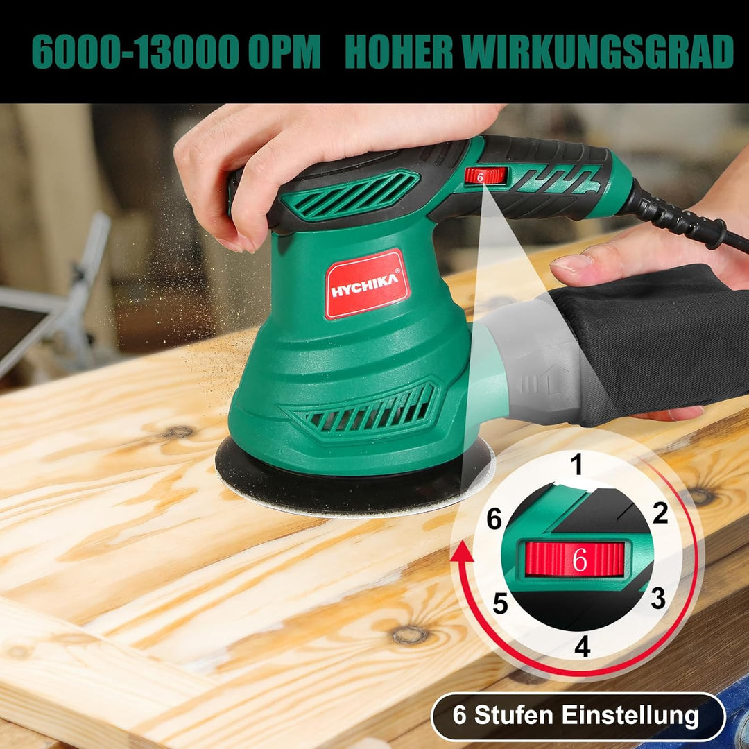 Exzenterschleifer, HYCHIKA 300W Schleifmaschine, 6 Gänge, mit 12 pcs Schleifpapier (Körnung 80/120/2
