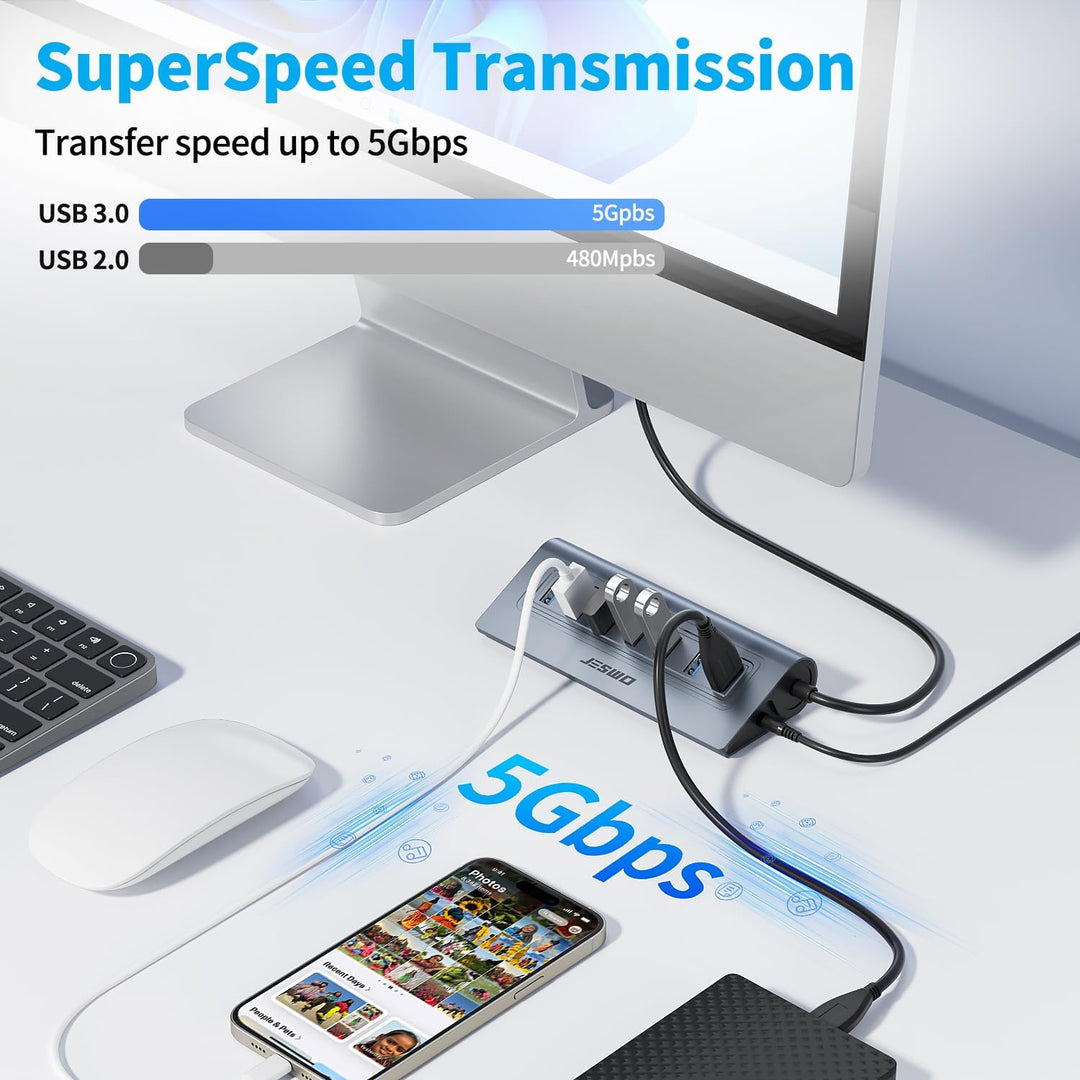 JESWO USB HUB mit Netzteil, Aluminium USB 3.0 Hub Aktiv mit 7-Port USB Verteiler 3.0 mit 5V/4A Netzt