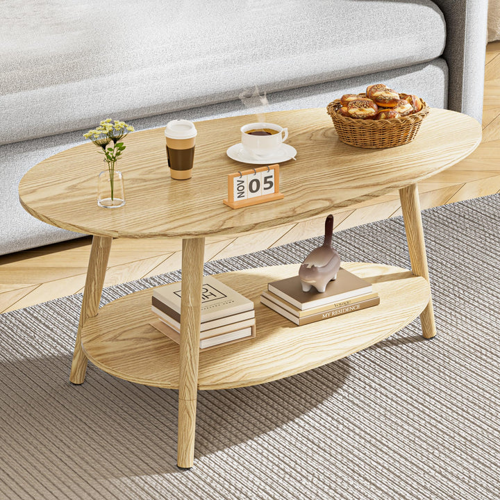 Table Basse, Massivholz Teetisch, Oval Doppelschicht Couchtisch, Runder Tisch für das Wohnzimmer, Co