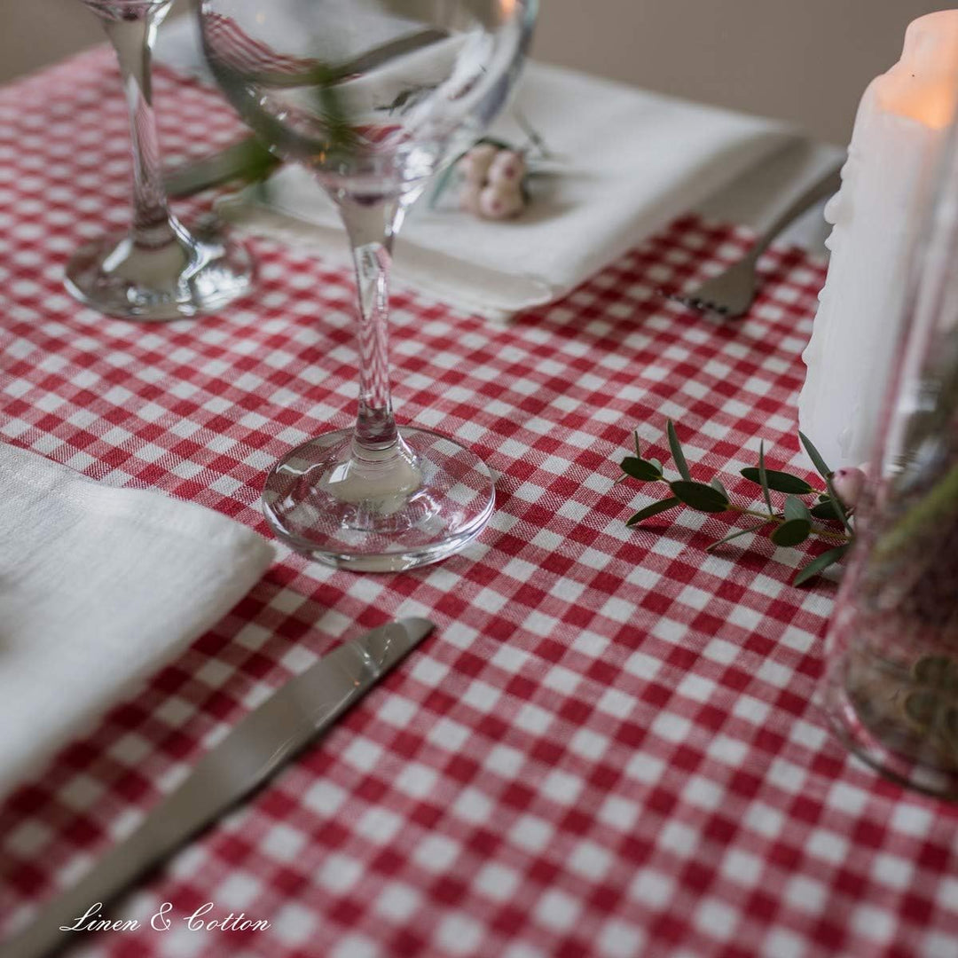 Linen & Cotton Tischläufer Stoff Tischdekoration Tischwäsche Estella - 100% Leinen, Weiss Weiss Rot