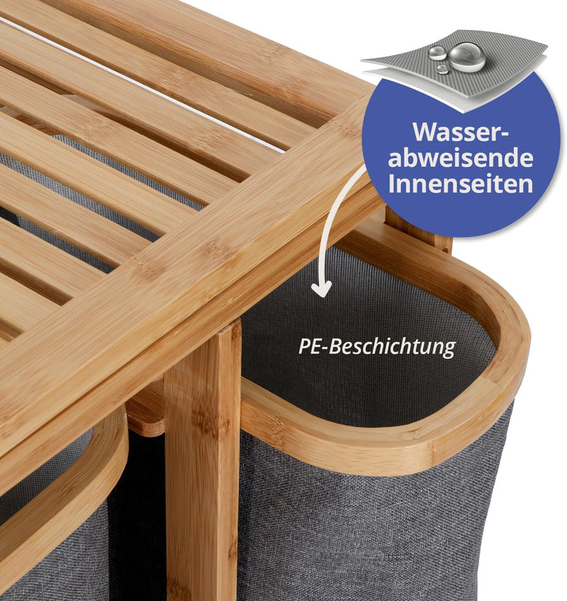 Lumaland Wäschekorb aus Bambus mit 3 ausziehbaren Wäschesäcken | Grösse ca. 71 cm Höhe x 50 cm Breit