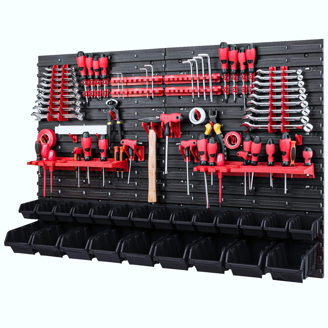 PAFEN Werkzeugwand Stapelboxen - 1152 x 780 mm - Lagersystem SET Werkzeughaltern und 23 Schwarz Boxe