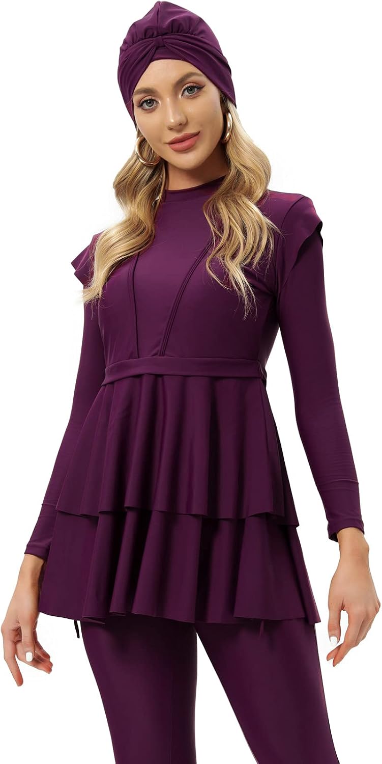 seafanny Damen Modest Badeanzug Langarm Burkini Full Cover Muslim Badeanzug 36 Wein Rot, 36 Wein Rot