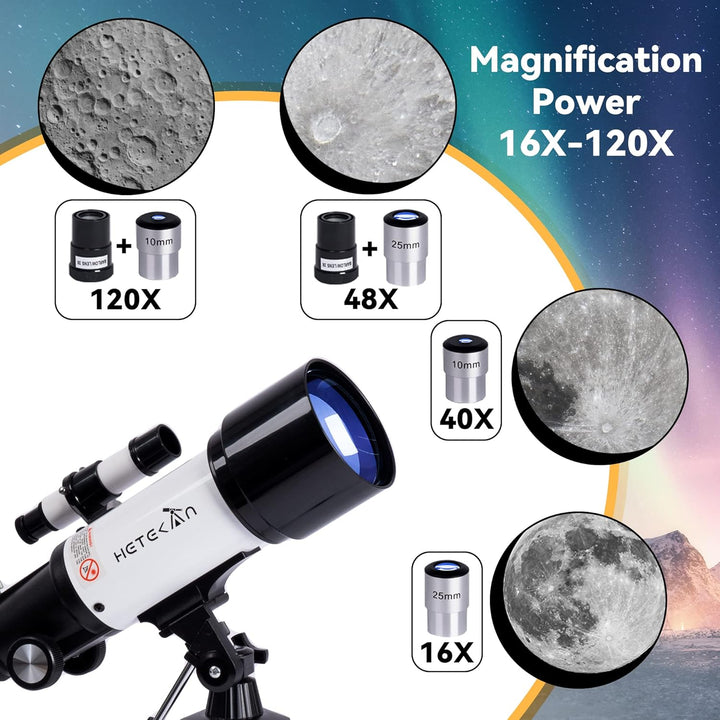 HETEKAN Teleskop, Teleskop Astronomie für Erwachsene Kinder Anfänger, 70mm Apertur 400mm AZ Mount Re