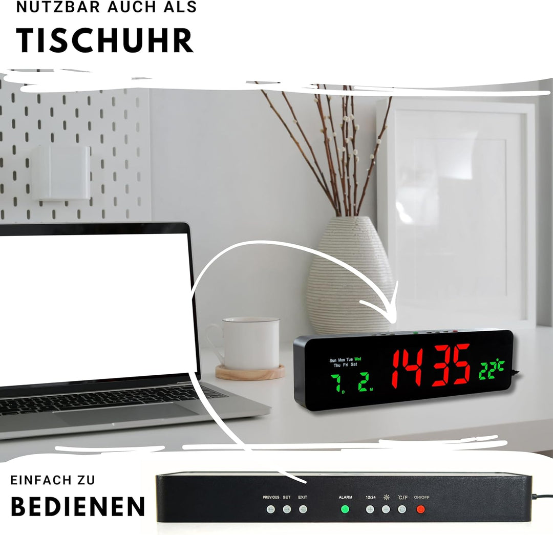 Wanduhr Digital, LED Tischuhr mit Temperaturanzeige, Wecker Snooze, 12/24-Stunden-Anzeige, LED-Uhr,