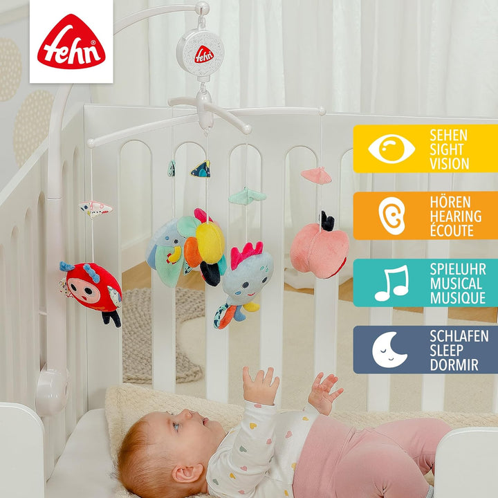 Fehn Musik Mobile COLOR Friends - Baby Einschlafhilfe Musikspielzeug mit süssen Tieren - Babymobile