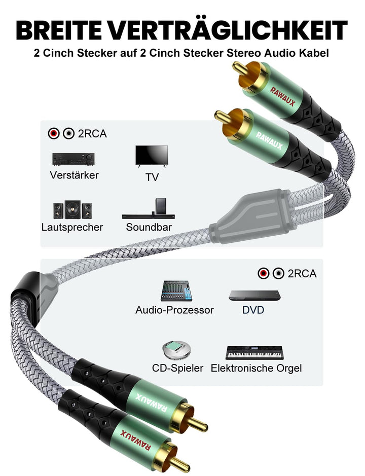 Cinch Kabel 8M, Cinch Stereo Audiokabel 2x Chinch Stecker zu 2x Chinch Stecker Subwoofer Audio Kabel
