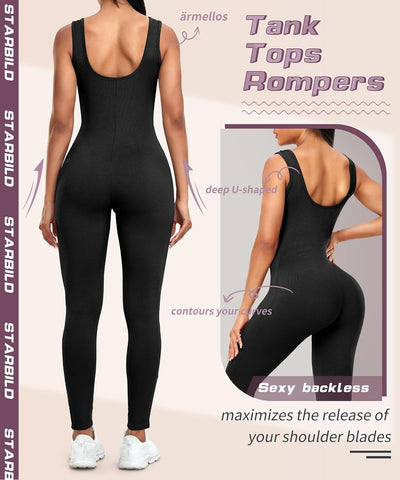 STARBILD Damen Yoga Jumpsuit Ärmellos Rückenfrei Eng Anliegender, Fitness Overall für Gym Workout, K