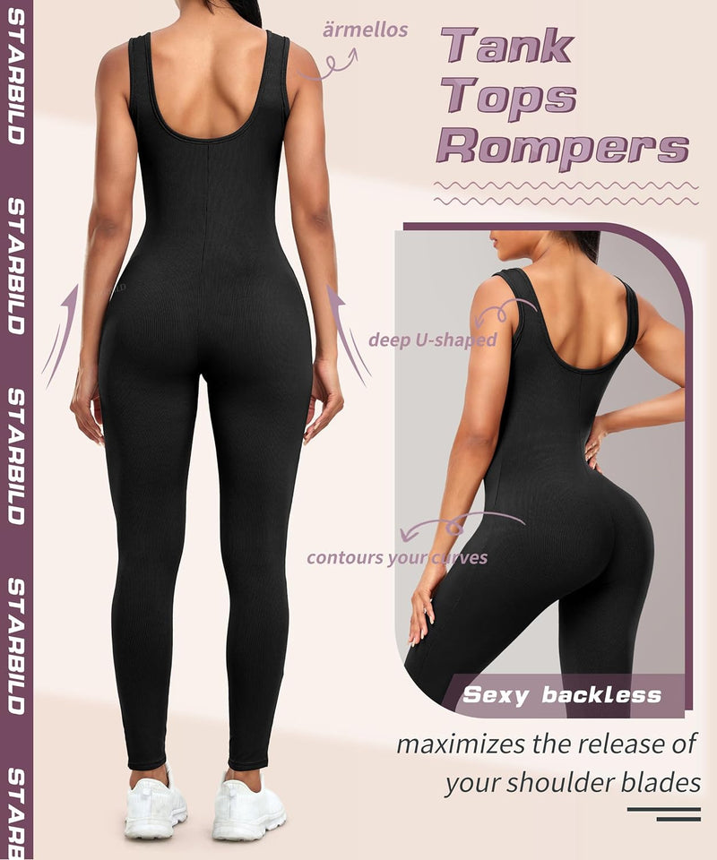 STARBILD Damen Yoga Jumpsuit Ärmellos Rückenfrei Eng Anliegender, Fitness Overall für Gym Workout, K