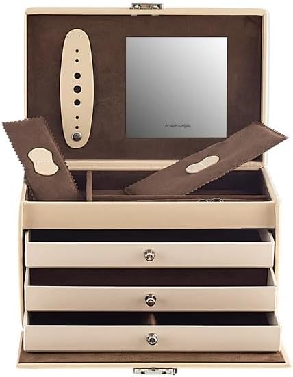 Friedrich23 Cordoba Schmuckkoffer Beige – Leder 24x15,5x15 cm, Schmuckbox für Ringe, Ketten, Ohrring