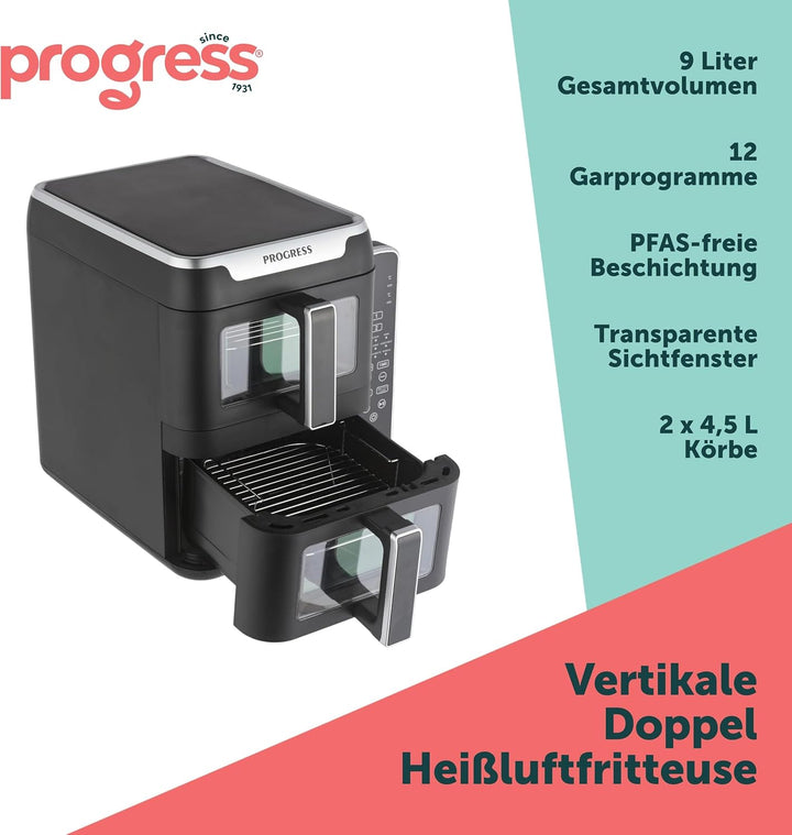 Progress Dual Tier Heissluftfritteuse - Vertikale Doppelschublade, Durchsichtsfenster, 4 Ebenen koch