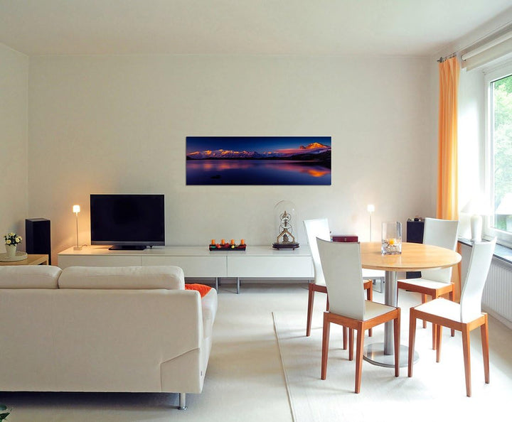 Paul Sinus Art Panoramabild auf Leinwand und Keilrahmen 150x50cm Berge See Sonnenuntergang Spiegelun