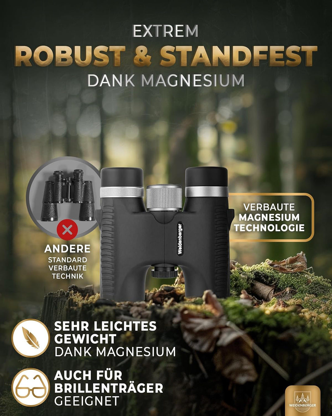 Weidenberger Fernglas 10x26, [TESTSIEGER] Magnesium Fernglas mit Nitrogenfüllung und wasserdicht, Fe