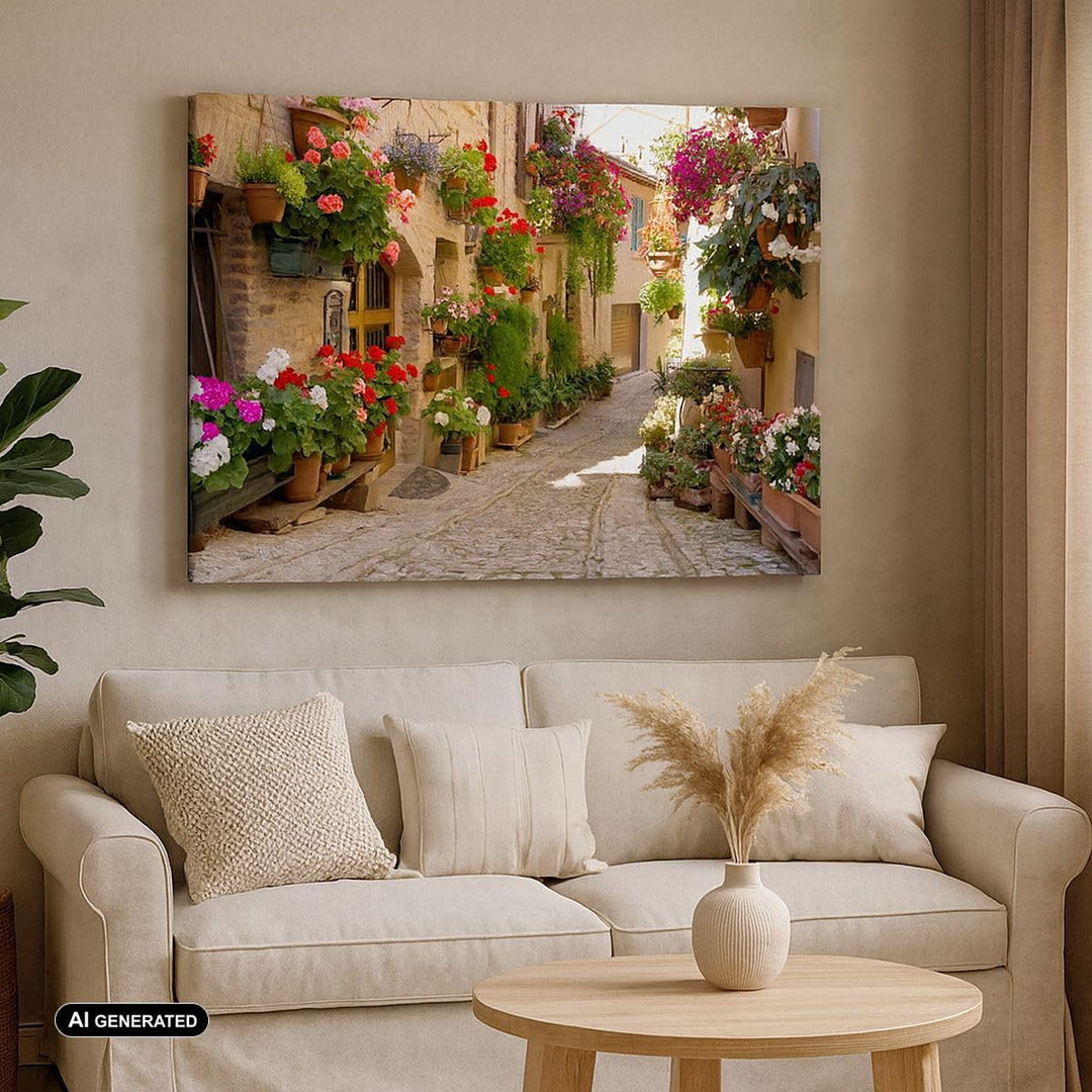 Bilder auf Leinwand Blume Strasse Haus Leinwandbild mit Rahmen 70x50cm Wandbilder Dekoration Wohnzim