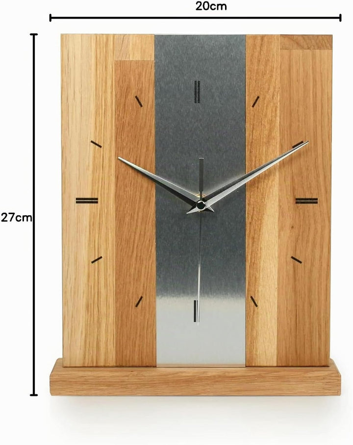 Kreative Feder Designer-STANDUHR Silver Stripe aus MASSIVHOLZ 27x20cm – analoge TISCHUHR ohne Tickge