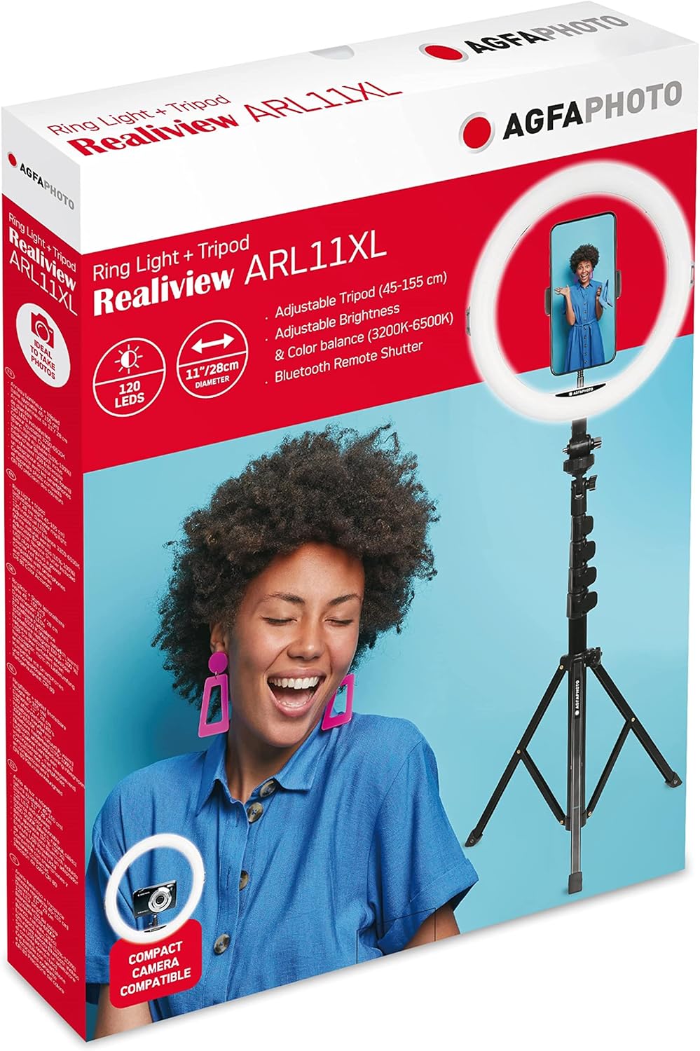 AgfaPhoto Ringlicht Realiview ARL11XL - 11-Zoll LED-Licht mit verstellbarem Stativ (45cm bis 155cm)
