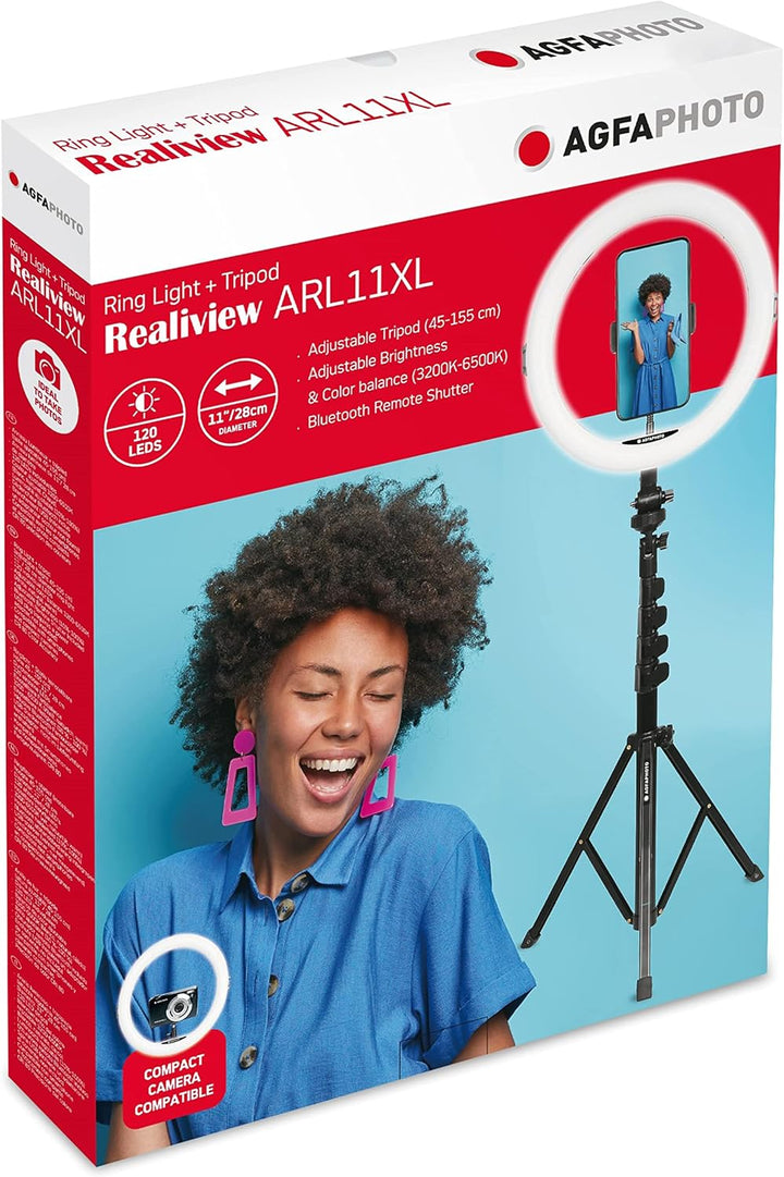 AgfaPhoto Ringlicht Realiview ARL11XL - 11-Zoll LED-Licht mit verstellbarem Stativ (45cm bis 155cm)