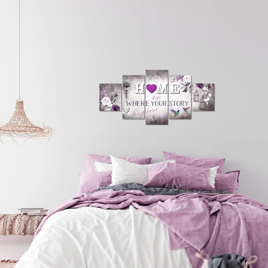 Runa Art Wandbilder Home 5 Teilig Bild auf Vlies Leinwand Deko Wohnzimmer Vintage Grau Lila 037652b