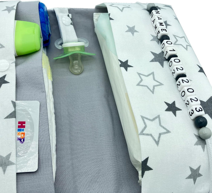 Grosse Windeltasche XXL mit Name personalisiert Wickeltasche - Sterne weiss grau - für Jungen und Mä