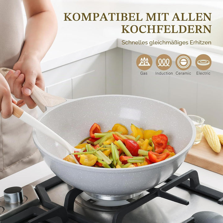 Kordisen Keramik-Wok 30 cm, Induktions-Wok mit Deckel, Antihaftbeschichtung, geeignet für alle Kochf
