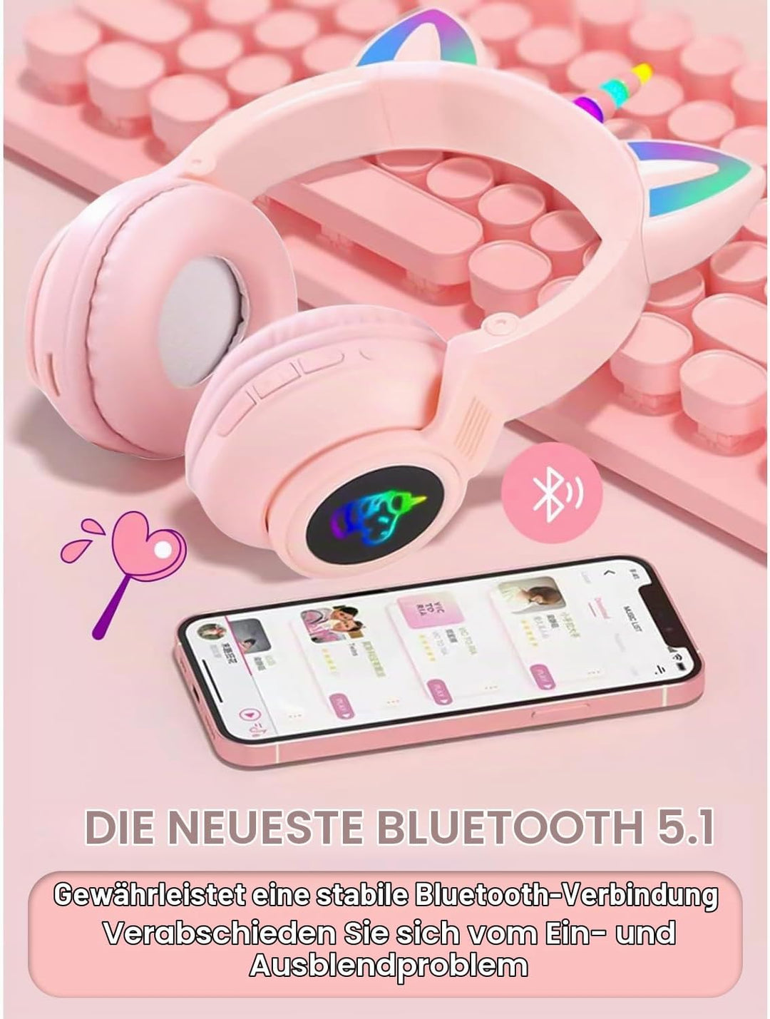 Katzenohr Kopfhörer Kindergeburtstag Geschenke Kind LED Katzenohren Einhorn Bluetooth Kabellose Over