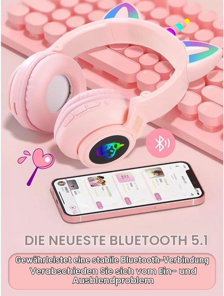 Katzenohr Kopfhörer Kindergeburtstag Geschenke Kind LED Katzenohren Einhorn Bluetooth Kabellose Over