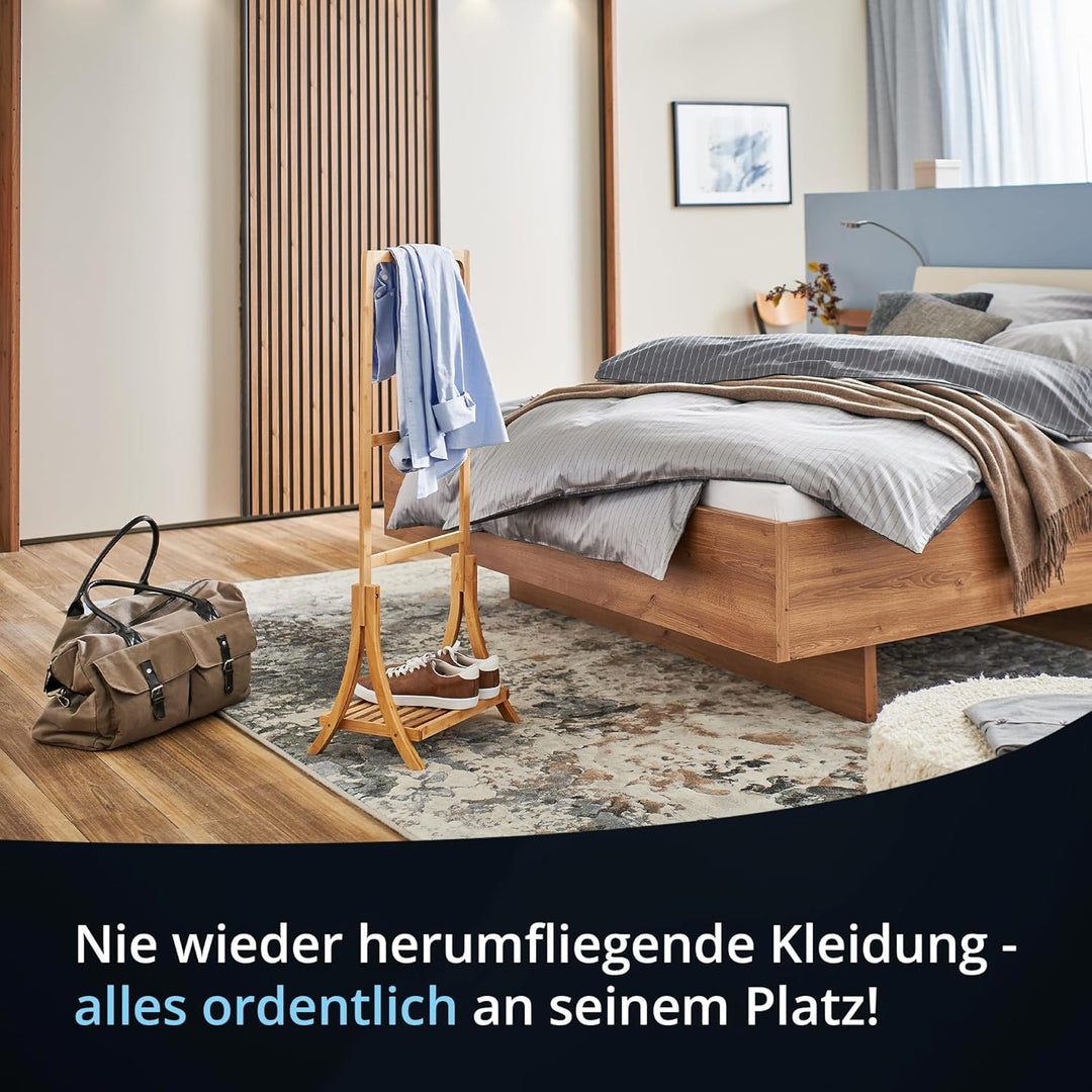 KHG Herrendiener aus Bambus Echtholz für Kleidung, Sackohalter mit Hosenbügel sowie Schuhablage, Stu