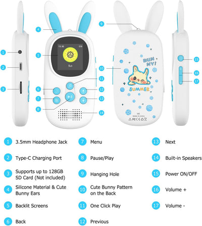 16GB Bluetooth MP3 Player Kinder, Niedlicher Hase Kinder Musik MP3 Player mit Kopfhörer & Lautsprech