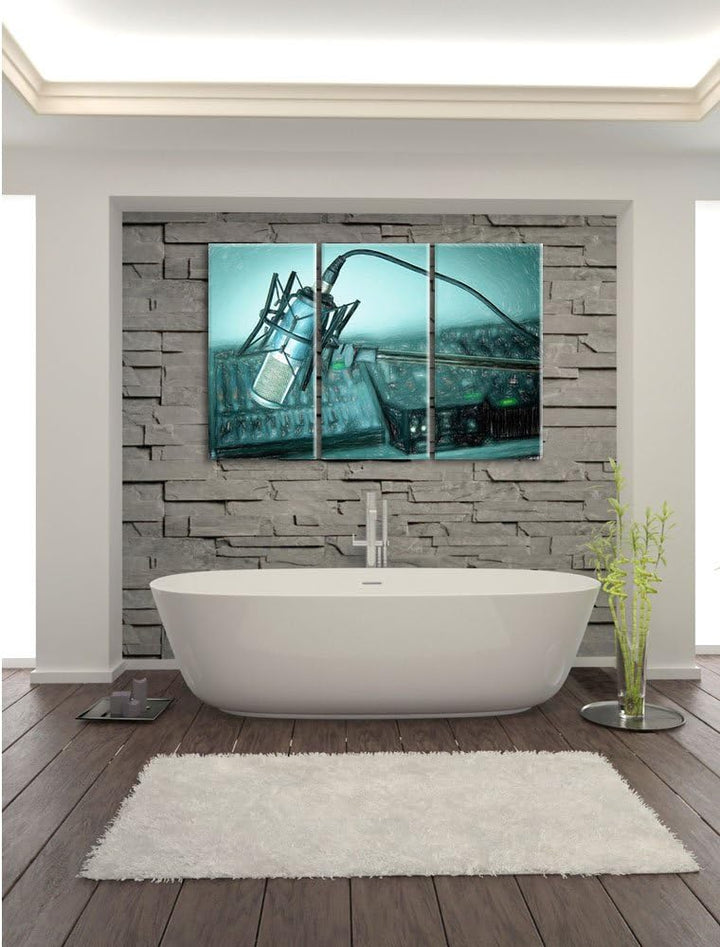 Pixxprint Mikrofon mit Musikanlagen als Leinwandbild/Grösse: 3 Teilig (120x80) cm/Wandbild/Kunstdruc