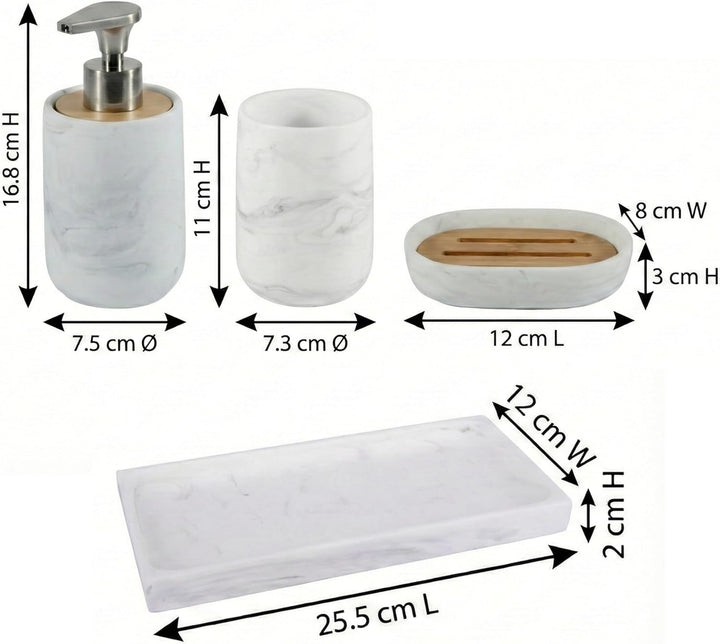 Badezimmer Set 4-teilig mit Tablett - Seifenspender (Pumpe aus Zinklegierung), Zahnputzbecher, Seife