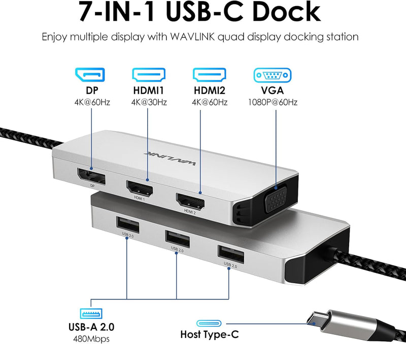 WAVLINK USB C Docking Station Quad Display, 7 in 1 USB C auf Dual HDMI Multiport Adapter mit Dual 4K