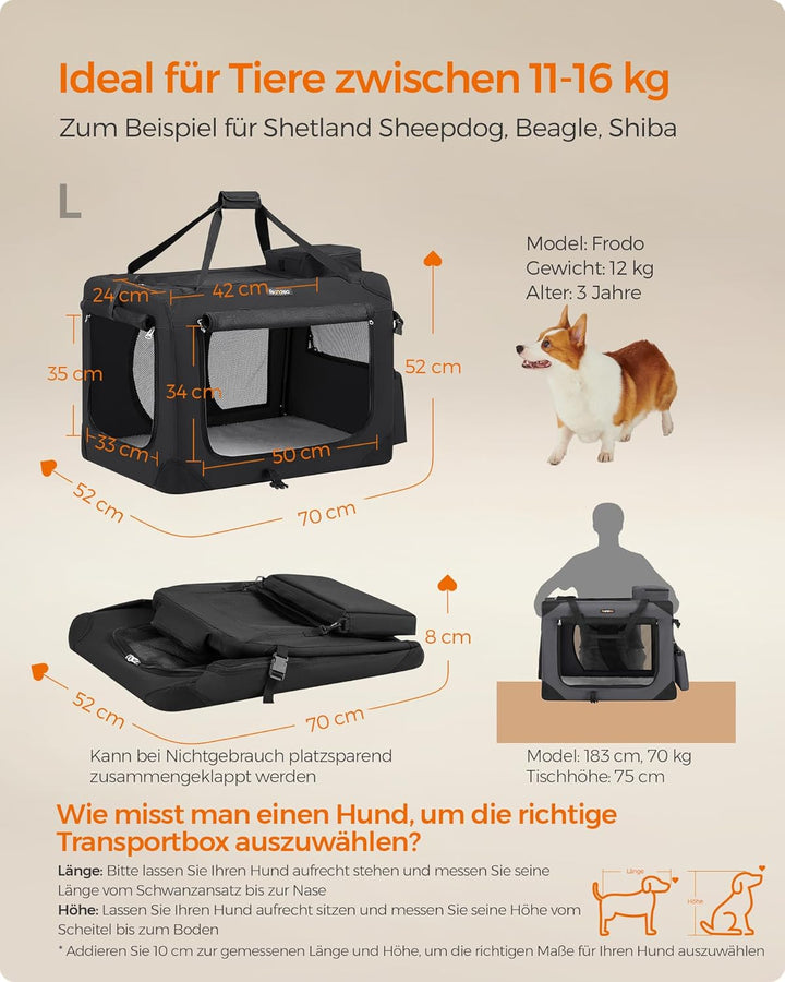Feandrea Hundebox faltbar, Transportbox Hund, L, Hundetasche, Oxford-Gewebe, Netzstoff, atmungsaktiv
