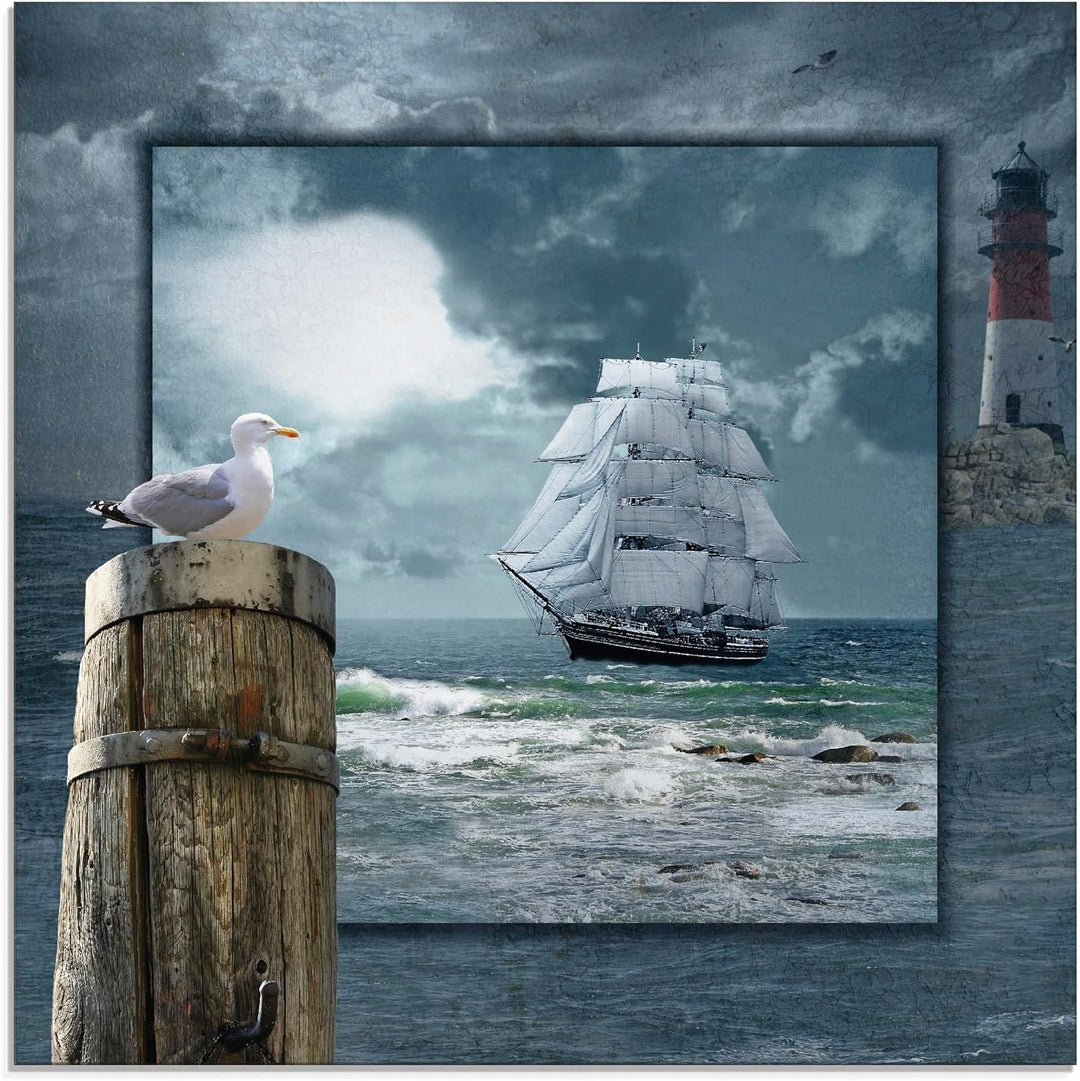 ARTland Glasbilder Wandbild Glas Bild einteilig 50 x 50 cm Maritime Deko Collage Segelschiff Leuchtt
