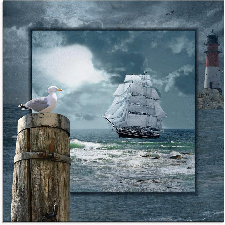 ARTland Glasbilder Wandbild Glas Bild einteilig 50 x 50 cm Maritime Deko Collage Segelschiff Leuchtt