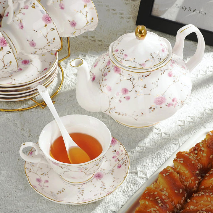 fanquare Rosa Blumen und Reben Teeservice am Nachmittag, 21 Stück Britisches Porzellan Teekannen-Set