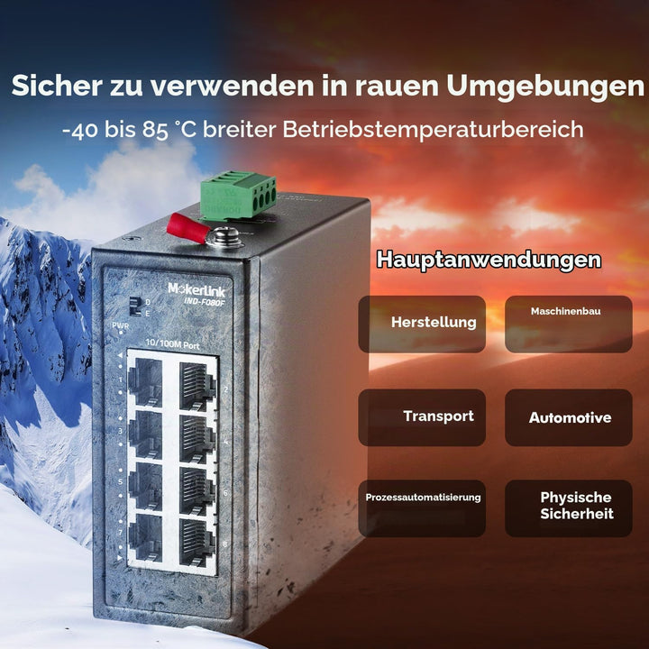 MokerLink 8-Port-Industrie-DIN-Schienenschalter, 8 x 10/100 Mbit/s Ethernet-Ports, Reichweite 250 m,