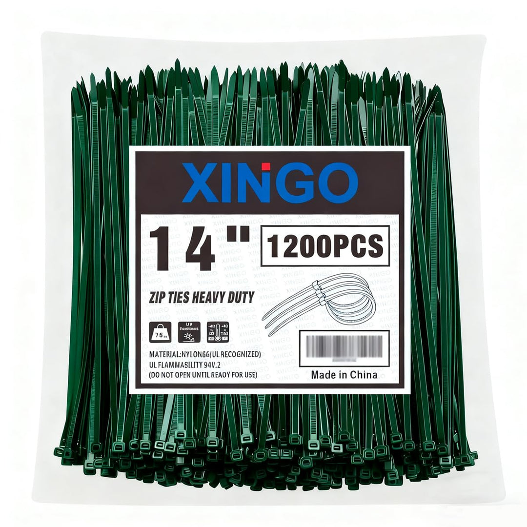 XINGO 35,6 cm grosse grüne Kabelbinder für den Garten, 1200 Stück, 34 kg, ultrastarke Zugfestigkeit,