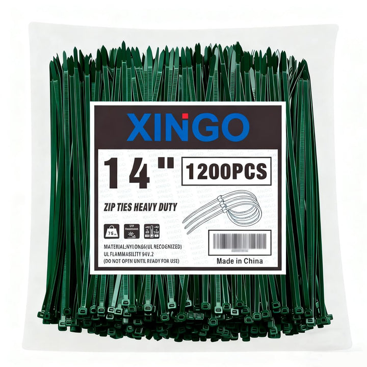 XINGO 35,6 cm grosse grüne Kabelbinder für den Garten, 1200 Stück, 34 kg, ultrastarke Zugfestigkeit,